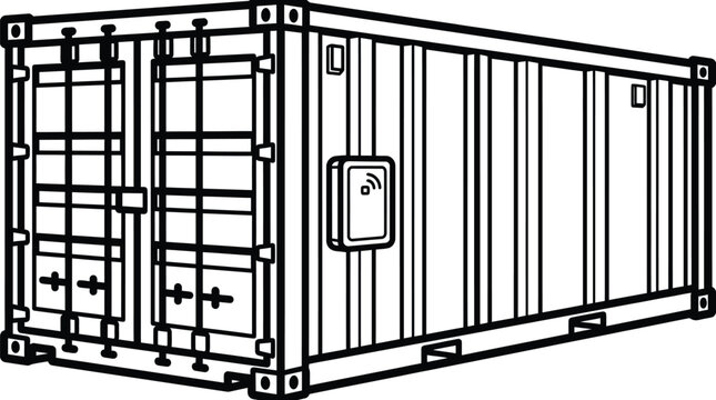 Black and white line art illustration of a smart shipping container with a digital tracking sensor attached