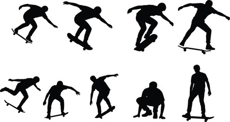 Skateboarder silhouettes performing tricks and jumps illustrating extreme sport action, motion, and urban street lifestyle © MstSumaiyaAkter