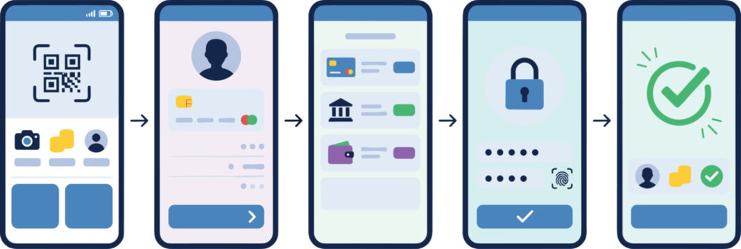 Mobile payment process screens with QR scan user details secure authentication and successful transaction confirmation in modern flat design