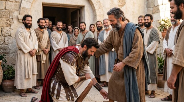 Roman centurion Cornelius bowing before apostle Peter at his home in Caesarea. Biblical scene from Acts 10 where Peter greets the Gentile official surrounded by gathered crowd followers.