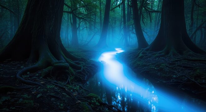 Ethereal blue mist illuminates a dark primeval forest where a winding stream flows between massive towering trees and gnarled tangled roots, river, water, wilderness