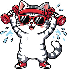 Fototapeta premium Cute cartoon cat working out with red dumbbells wearing sunglasses and a headband for a fun fitness mascot design.