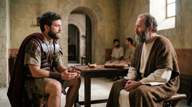 Roman centurion Cornelius talking with apostle Peter in house during reunion. Biblical scene representing Acts chapter 10. Historical reenactment of gospel story, faith and conversion.