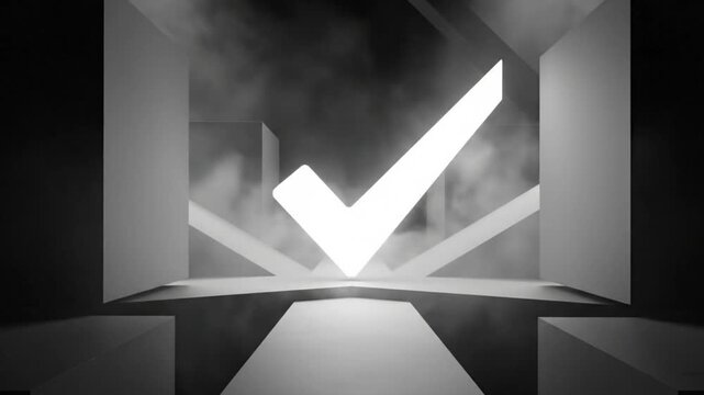 Futuristic abstract design with glowing white check mark in modern geometric architectural setting