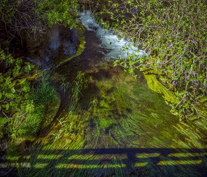 Ro&scaron;ki slap, Skradinski buk, Krka, Croatia: Clear stream with green algae and foliage