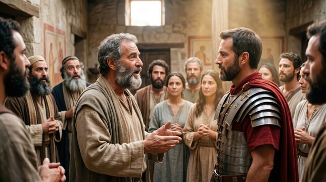 Saint Peter meeting the Roman centurion Cornelius in Caesarea surrounded by a group of people. Biblical scene of evangelization from the New Testament. Spiritual teaching of faith.