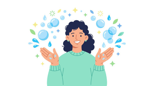 A smiling woman demonstrates handwashing hygiene in a vector illustration for World Hand Hygiene Day, with water droplets and sparkles around her, promoting health and sustainability