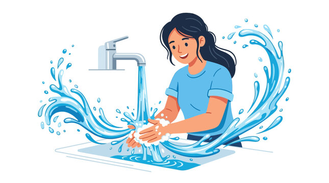 A vector art illustration celebrating World Hand Hygiene Day features a young woman character washing her hands under running water from a faucet, promoting health and sustainability