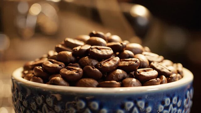 Close up of roasted coffee beans in a decorative bowl.