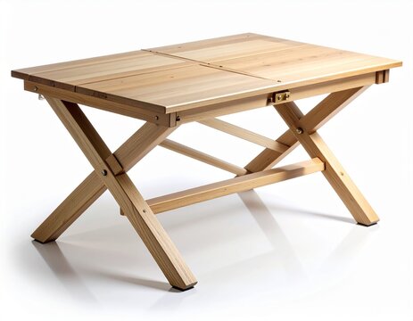 Modern light oak folding wooden table with metal bress hinges on a clean white background