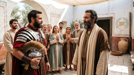 Obraz premium Saint Peter meeting Roman centurion Cornelius in Caesarea. Biblical scene showing apostle talking to soldier and people in ancient house. Religious historical reenactment concept.