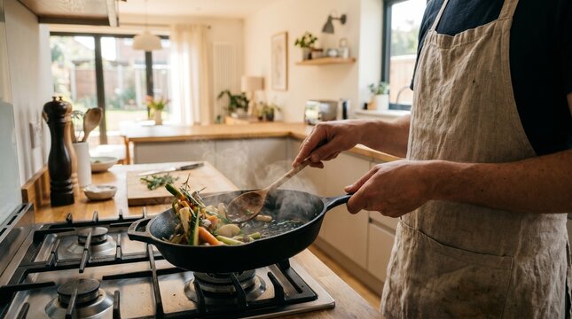 Close up of a man in an apron saut&eacute;ing fresh vegetables in a cast iron pan at home