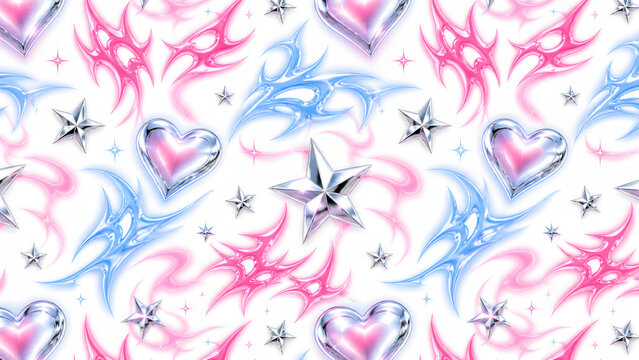 Seamless Y2K aesthetic pattern with 3D chrome hearts, metallic stars and pastel pink blue fluid tribal shapes on white background.