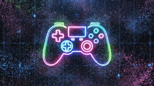 Neon glowing game controller icon with colorful powder particle explosion on a digital grid background.