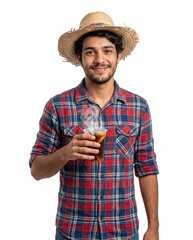 Fototapeta premium Smiling Young Man with Straw Hat and mulled wine for Festa Junina