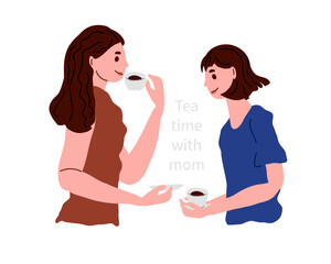 Fototapeta premium Tea time with mom. Woman and daughter drinking tea. Flat vector illustration for family bonding, mother-daughter relationships, cozy home moments. For women's blogs, Mother's Day greeting cards