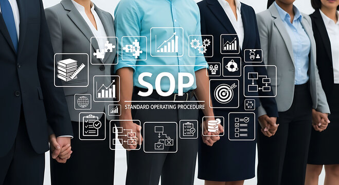 Business Professional Team with SOP Standard Operating Procedure Management Icons
