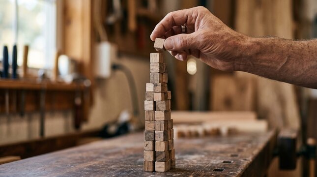 Hand Balancing Wooden Block Hard Earned Success Concept