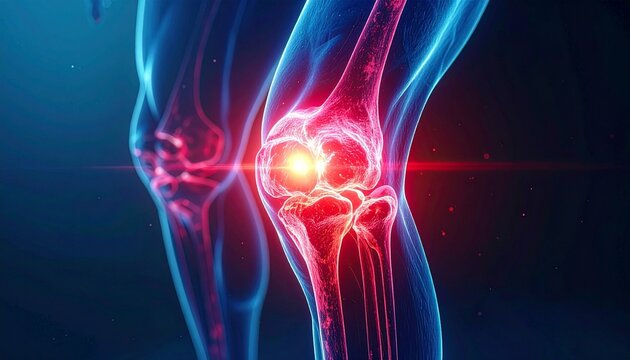 Digital anatomical illustration of human knee joint, bones and ligaments detailed, glowing red inflammation effect, transparent overlay, medical visualization.
