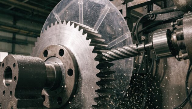 Close medium shot of coarse pitch gear teeth being shaped on a heavyduty hobbing machine emphasizing robust metalwork and textured gear profiles.