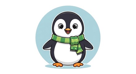 Obraz premium Cute cartoon penguin wearing green scarf.