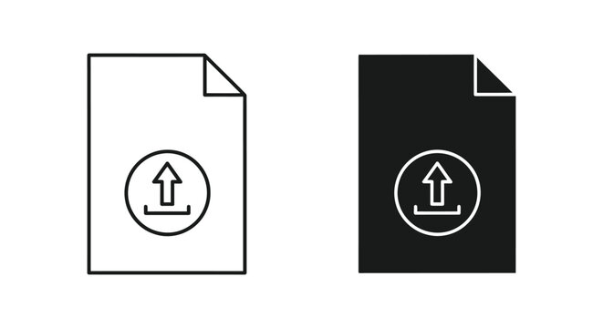 Document upload icon set featuring paper sheet with arrow pointing into circular outline in both outline and solid black styles for digital file management and user interface design web applications