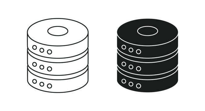 Database server storage icon set featuring multi-layered cylindrical unit in both minimalist outline and solid black silhouette styles for cloud computing technology and digital infrastructure design