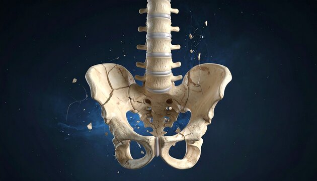 3D rendering of human spine and pelvis, vertebrae detailed, pelvis cracking into fragments, suspended above dark void, symbolic fragility.