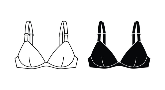 Womens lingerie bra icon set featuring classic underwire brassiere in both minimalist outline and solid black silhouette styles for fashion retail apparel or e-commerce clothing interface design