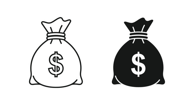 Money bag icon set featuring currency sack with dollar symbol in both minimalist outline and solid black silhouette styles for financial banking or e-commerce web interface and payment design