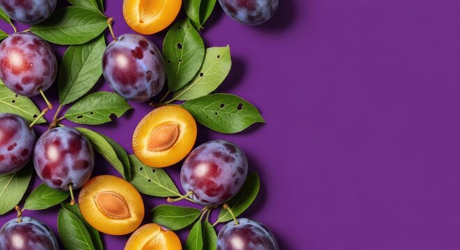 Vibrant dark purple background featuring a repeating pattern of ripe fresh plums with green leaves, creating a rich organic textile design, produce, leaf, seasonal