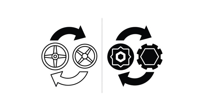 Gear rotation cycle icon set representing industrial process optimization or mechanical workflow automation in vector style