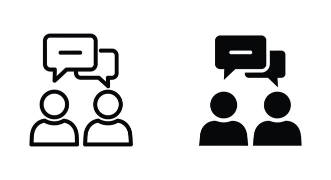 People talking with speech bubbles vector icon set in outline and solid black style for communication and social concepts