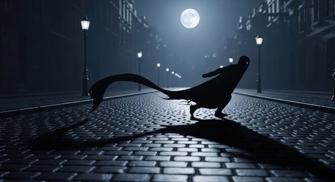 Shadowy figure in cape running on cobblestone street at night