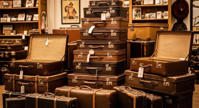 Vintage Luggage Stacked in Travel Store.