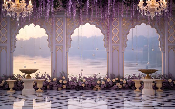 Luxury Lavender and Gold Indo Islamic Wedding Stage with Jaali Arches, Wisteria and Pearl Garlands, Mughal Geometric Flooring and Dreamy Courtyard Palace Backdrop