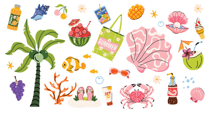 Big trendy summer sticker set in hand drawn vector style. Bright beach and vacation collection with swimsuits, palm trees, floaties, food, drinks, animals and seaside accessories. Playful elements