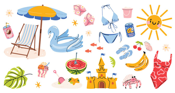 Big trendy summer sticker set in hand drawn vector style. Bright beach and vacation collection with swimsuits, palm trees, floaties, food, drinks, animals and seaside accessories. Playful elements