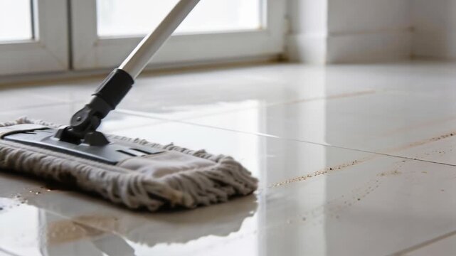 A person uses a floor mop to clean muddy footprints off white tiles in a bright room.