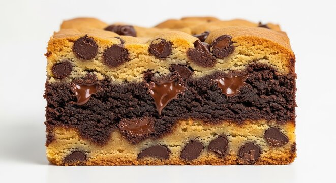 A close-up shot of a thick sliced brookie bar reveals moist brownie and chocolate chip cookie layers with melted chips and a soft texture, cross section, baking, internal