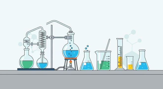 Chemistry Lab Equipment Illustration: Flasks, Beakers, Distillation Apparatus, Science Experiment Setup