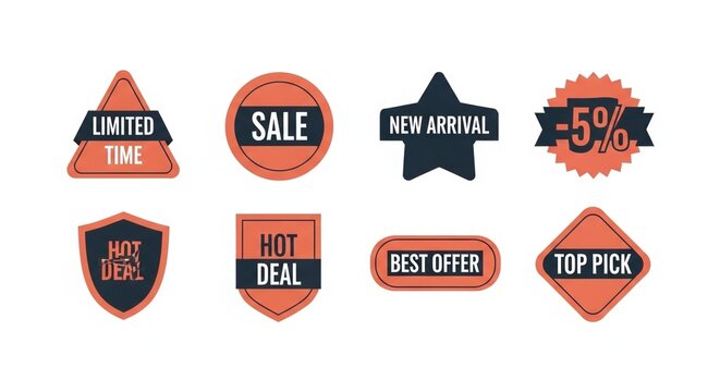 Collection of orange and gray promotional labels with various shapes and text sale