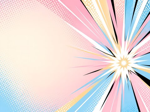 Pastel pink and blue comic book background with radial speed lines, starburst explosion, and halftone dot patterns for retro pop art graphic design.