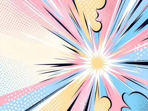 Vibrant Comic Book Explosion Background with Pastel Pink, Blue, and Yellow Tones, Halftone Dots, Dynamic Speed Lines, and a Central Bright Flash.