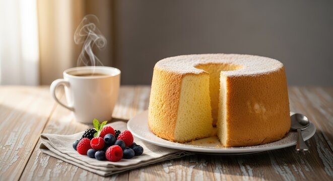 A light and airy vanilla chiffon cake sits on a rustic wooden table alongside a steaming cup of coffee and fresh berries in morning light, pastry, plate, fork