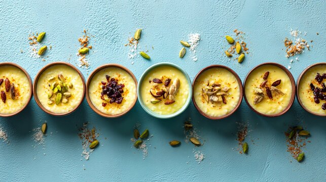 Overhead composition with multiple small bowls of saffron rice pudding arranged in a diagonal line on a pastel blue surface, each bowl topped differently, structured and modern layout