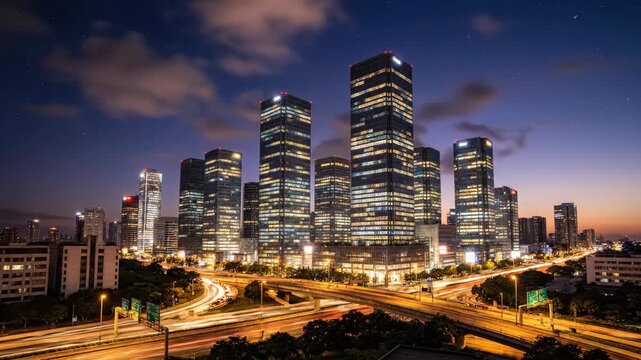 Dynamic city skyline timelapse transitioning from golden sunset into night