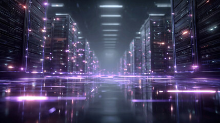 Fototapeta premium Glowing server racks in abstract data center with purple lighting