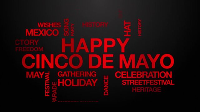 happy Cinco de Mayo concept Animated Tag Word Cloud kinetic typography, Text Design Animation typography seamless loop video motion graphics Intro Wordart tagcloud red type on black background bg back