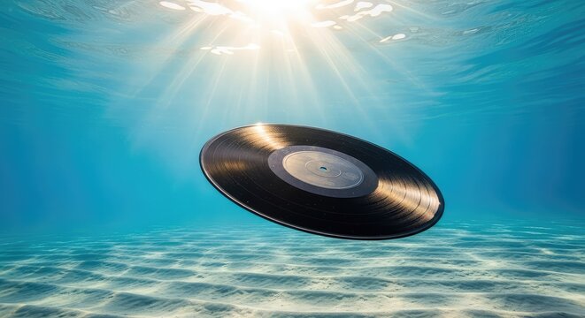 A vintage black vinyl record drifts gracefully through clear blue water as golden sunlight pierces the surface above a textured sandy floor, ocean, audio, light